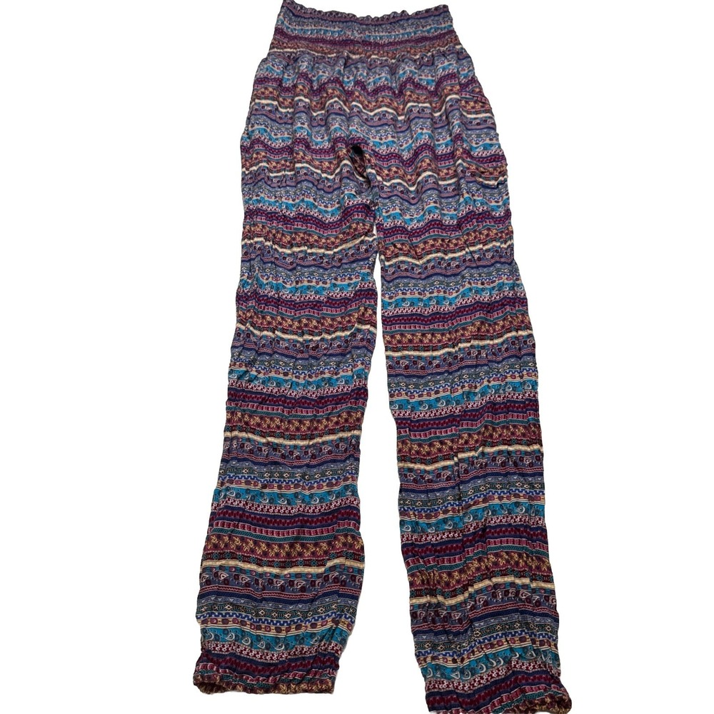 Womens Boho Harem‎ Pants Smocked Waist Paisley Geometric Print Blue Red